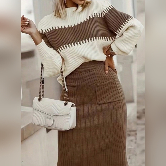Dresses & Skirts - 2pcs/Set Color Block Sweater And Sweater Dress Set
